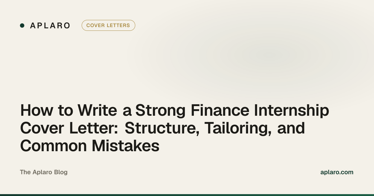 A student writing a finance internship cover letter at a desk with a laptop and notebook