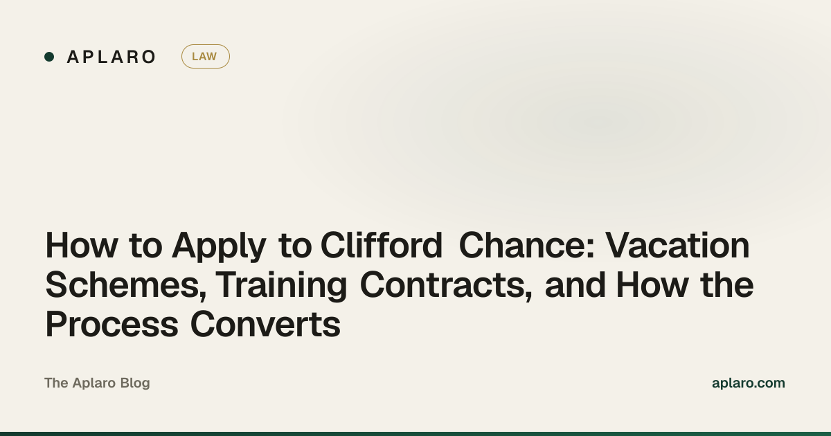 A candidate reviewing application materials for a Clifford Chance vacation scheme at a desk with a laptop and legal documents